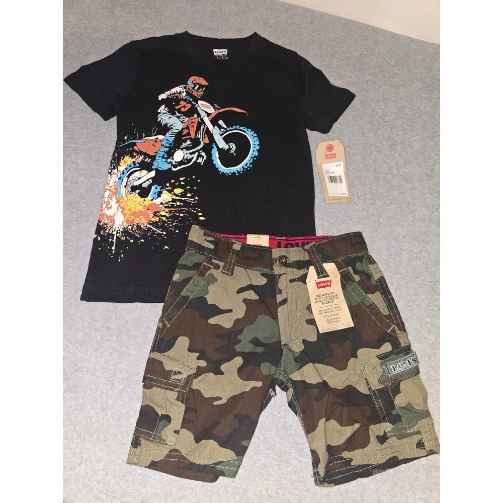 Levis Boys Motocross Graphic Tee and Camo Cargo Shorts 2pc Set NWT Size 4 6